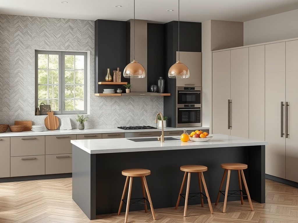Современная кухня с островом, деревянными стульями, светлыми и темными шкафами, а также стеклянными лампами.