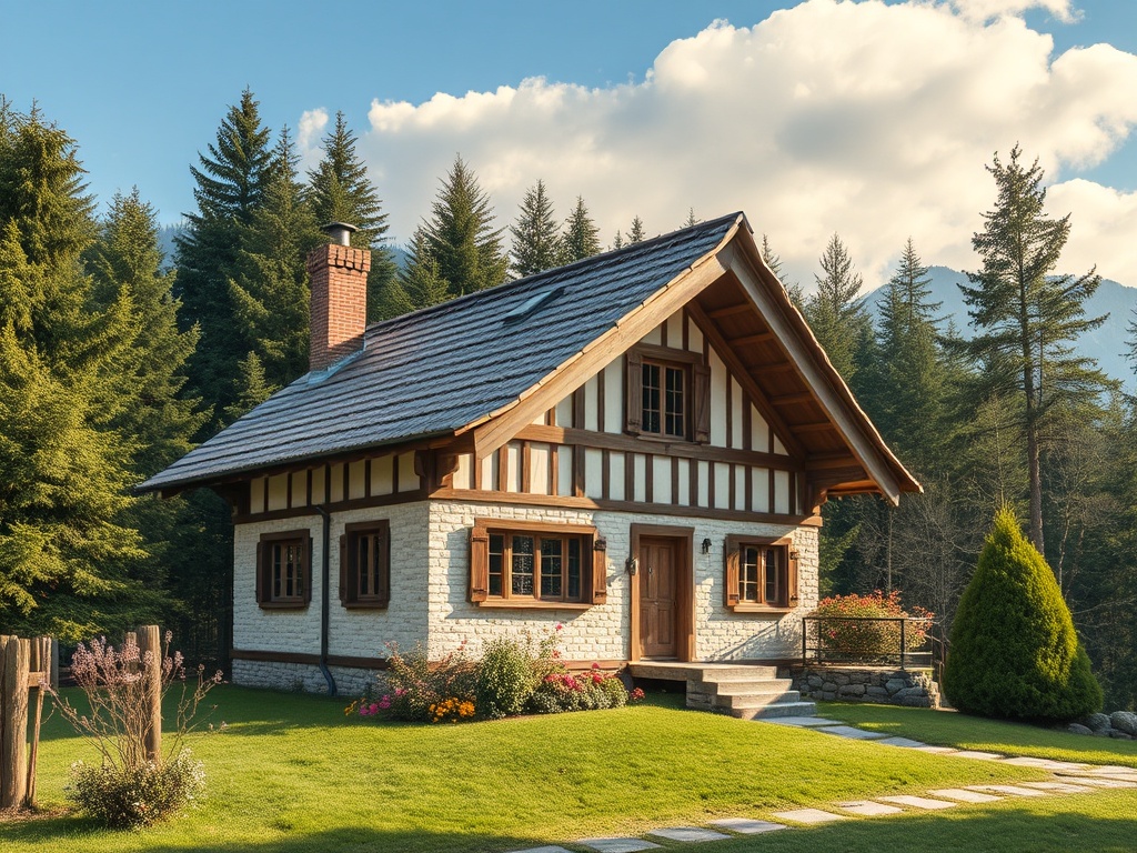Очаровательный загородный дом с каменными стенами и деревянными элементами, окруженный лесом.