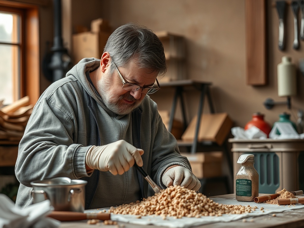 Мужчина работает с деревом в мастерской, сосредоточенно обрабатывая детали и тщательно выбирая материалы.