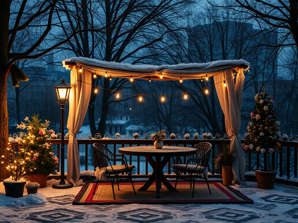 Зимний вечер на веранде с уютным столом, гирляндами и украшенной ёлкой. Снежный пейзаж и приглушённый свет.