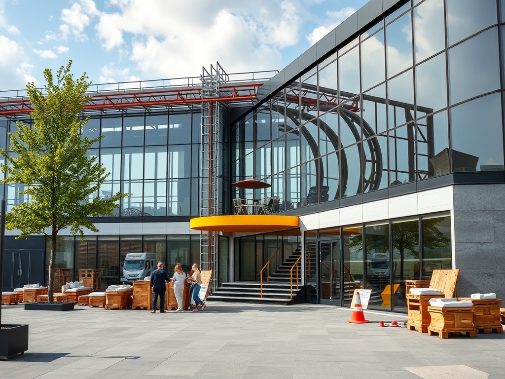Современное здание с большими окнами и людьми, работающими на открытой территории. Установлены деревянные ящики.