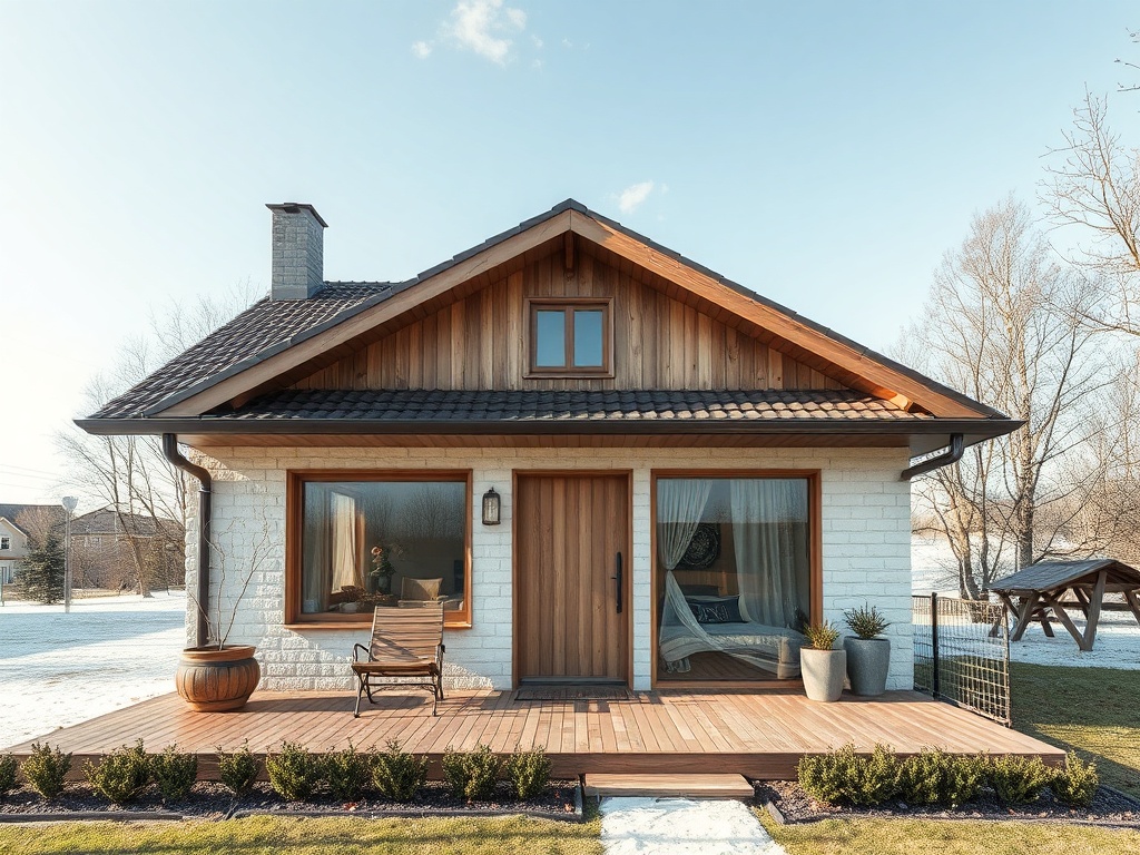 На изображении уютный загородный дом с деревянным фасадом и верандой на зеленом участке.