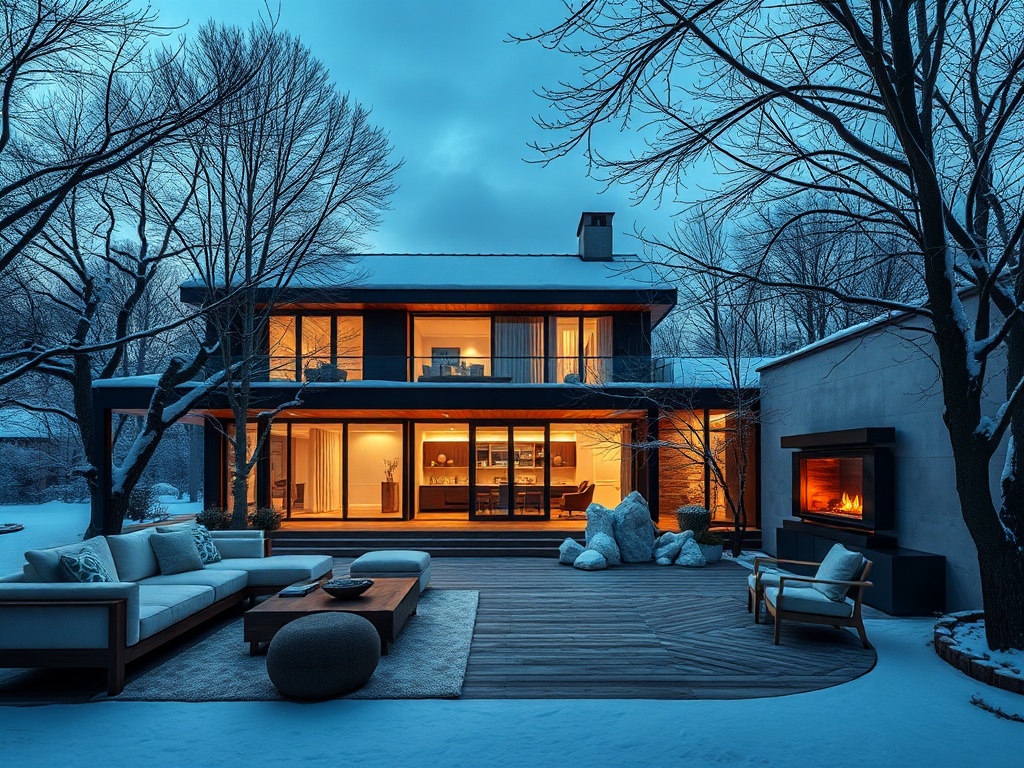 Современный дом на фоне зимнего пейзажа, уютный интерьер и светящийся камин придают атмосферу тепла.