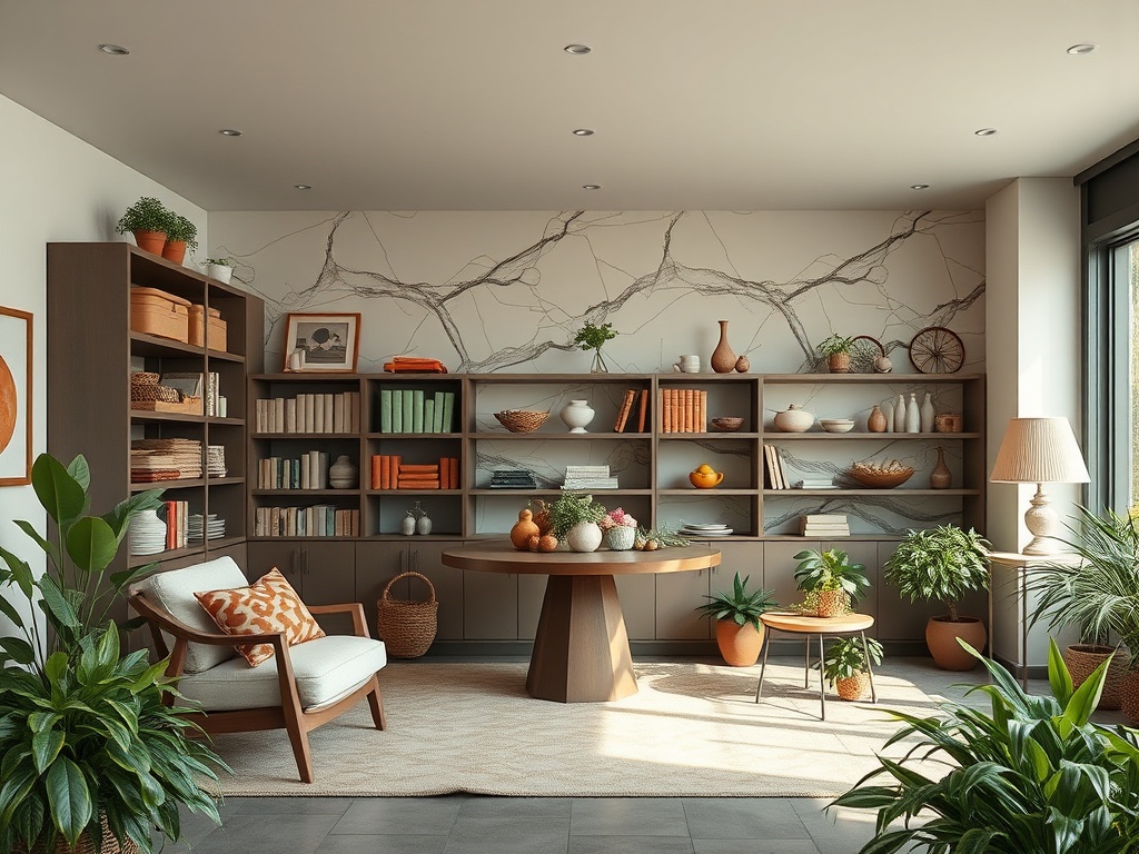 Современный интерьер с книжными полками, красивыми растениями и уютной зоной для отдыха у окна.