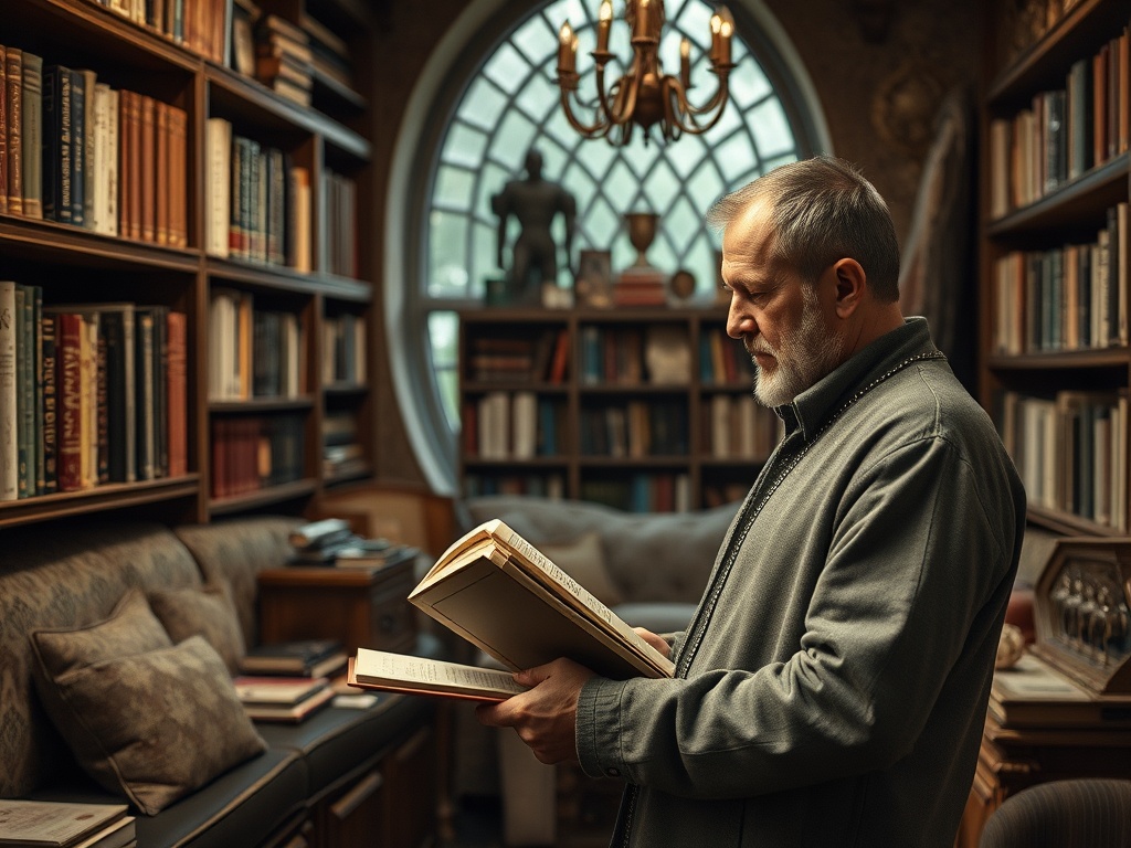 Человек читает книгу в уютной библиотеке с большими окнами и множеством полок с книгами.