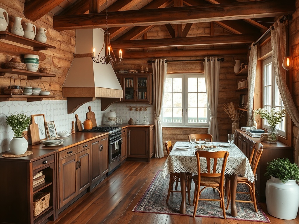 Уютная кухня с деревянными шкафами, столом и стульями, оформленная в стиле кантри. Светлый интерьер с окнами.