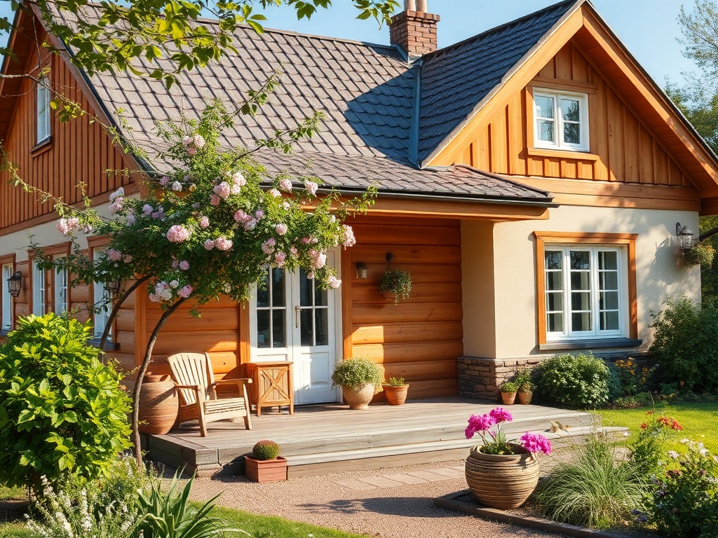 Красивая загородная дом с деревянным фасадом, цветущими растениями и уютной верандой на фоне солнечного дня.