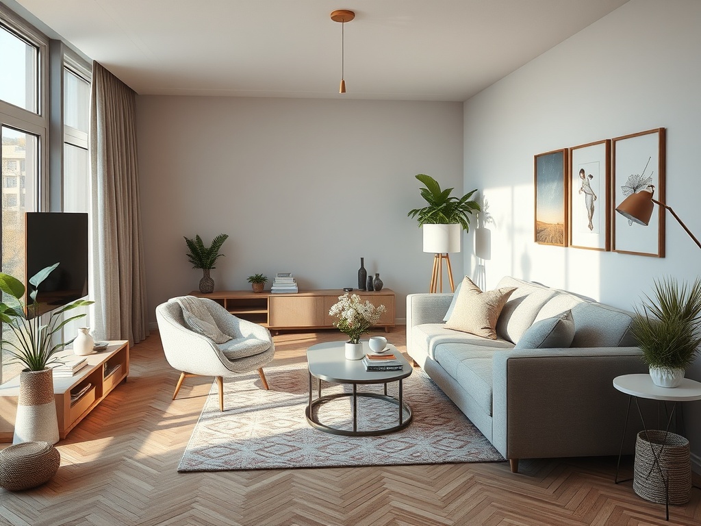 Современная гостиная с удобным диваном, растениями и картинами на стенах. Светлые тона и уютная атмосфера.