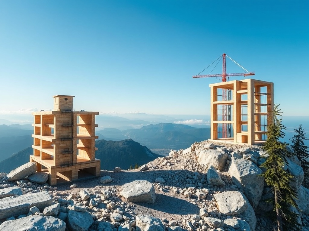 На горе стоит два здания из дерева, одно завершено, второе в процессе строительства. Вдали видны горы.