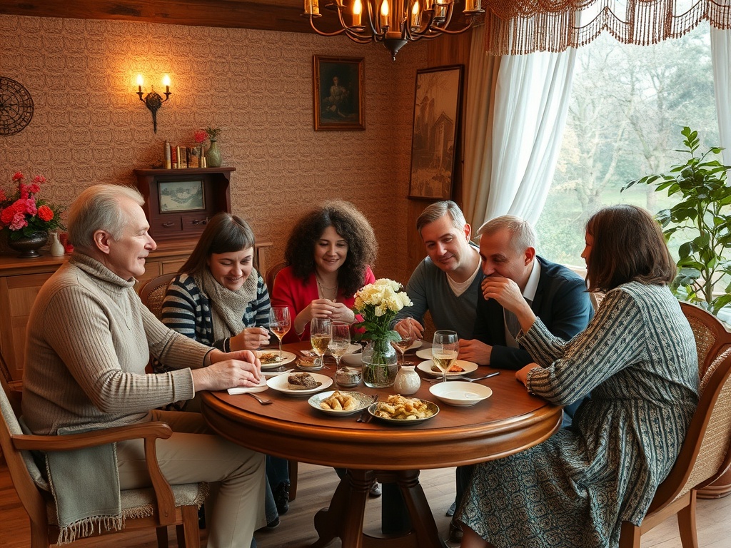 Шестеро друзей собираются за столом с закусками и напитками, беседуя и смеясь в уютной обстановке.
