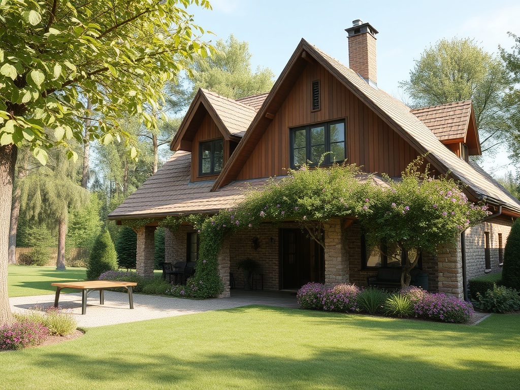 Красивый загородный дом с цветущими растениями и ухоженным газоном, окружённый деревьями.