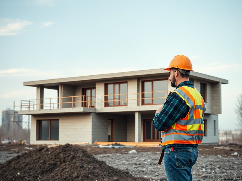 Строитель в защитной каске и жилете смотрит на строительный объект и планирует дальнейшие действия.
