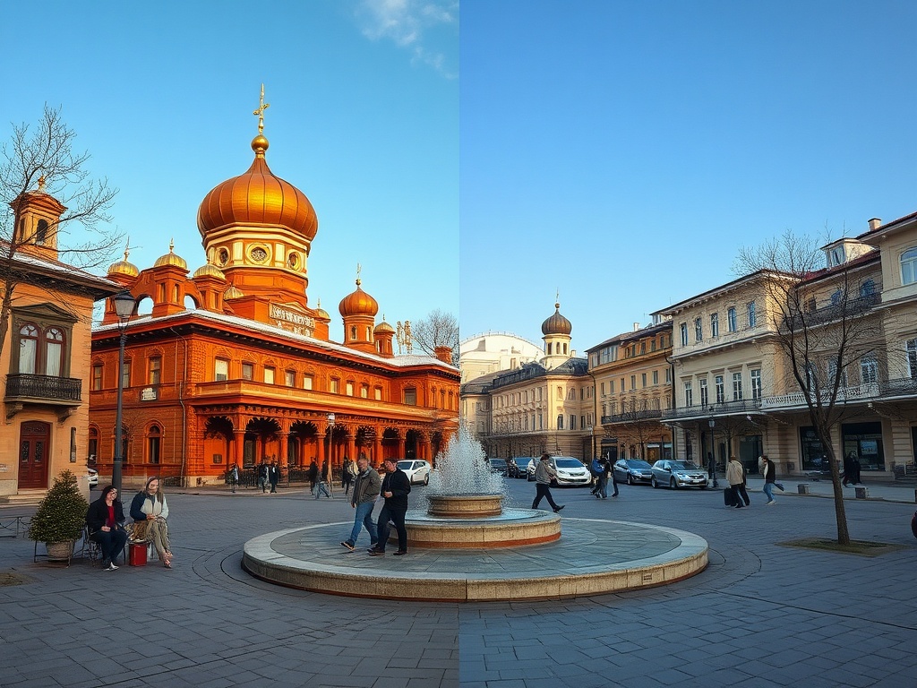 На изображении видно красивое здание с золотым куполом и фонтаном на площади в ясный день.