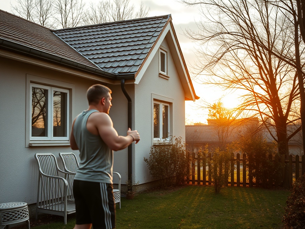 Мужчина в спортивной одежде перед домом наслаждается закатом на фоне деревьев и газона.