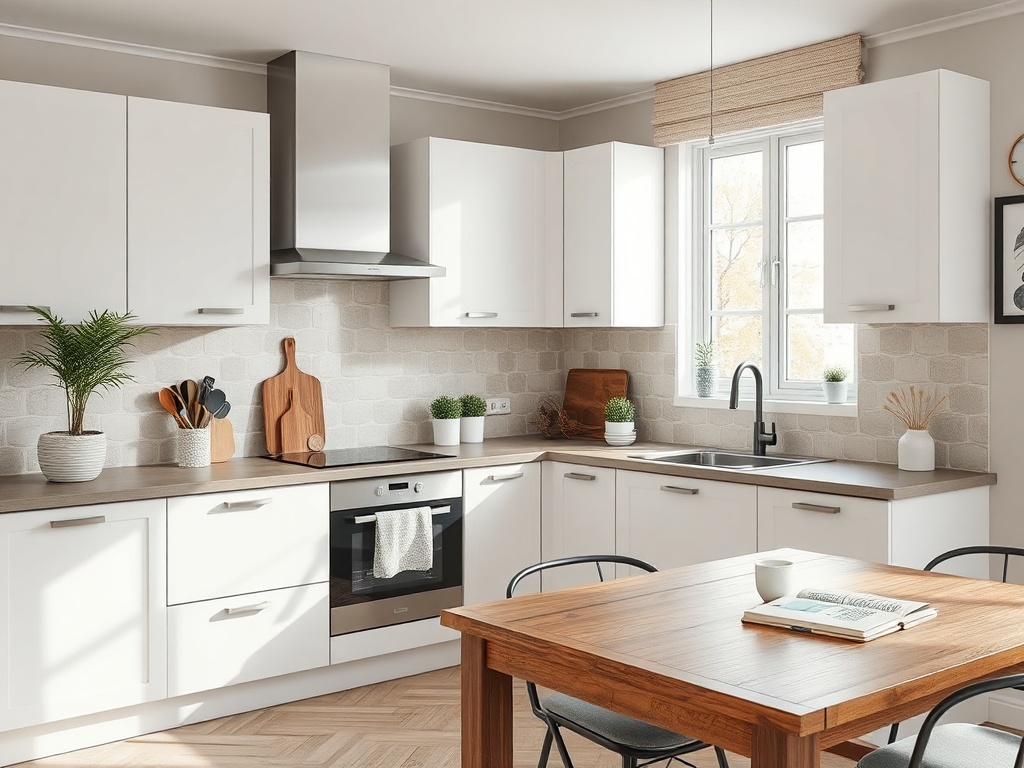 Современная кухня с белыми шкафами, деревянным столом и растениями на окне. Светлое и уютное пространство.