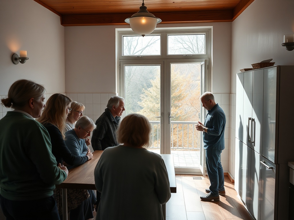 В комнате несколько людей стоят около стола, смотря на мужчину, который внимателен к своим мыслям.