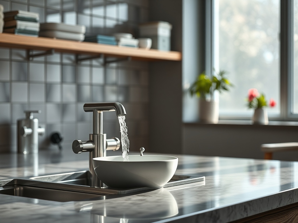 Современная кухня с мраморной столешницей, раковиной и струей воды из гладкого смесителя.