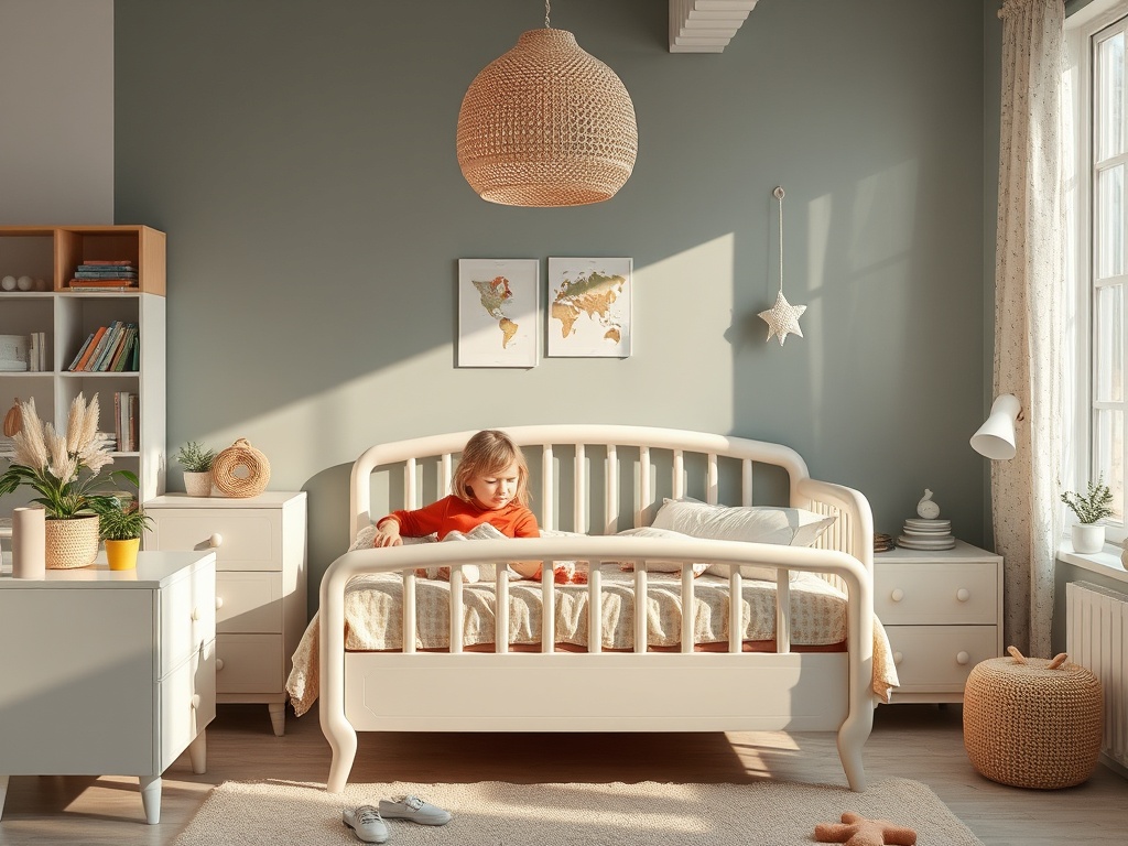 Детская комната с кроваткой, мальчик играет, светлый интерьер, уютные цвета и стильные элементы декора.