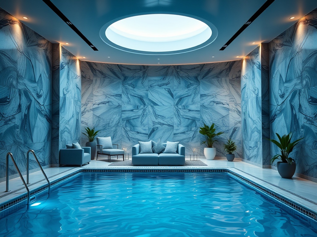 Современный интерьер с синими стенами, бассейном и зоной для отдыха с уютной мебелью и растениями.
