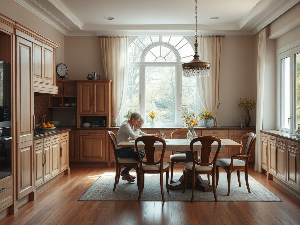 Современная кухня с деревянной мебелью, столом и женщиной, работающей за ним, с солнечным светом и цветами.